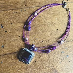 Elegant Multi Strand Eggplant Purple Beaded Pendant Necklace